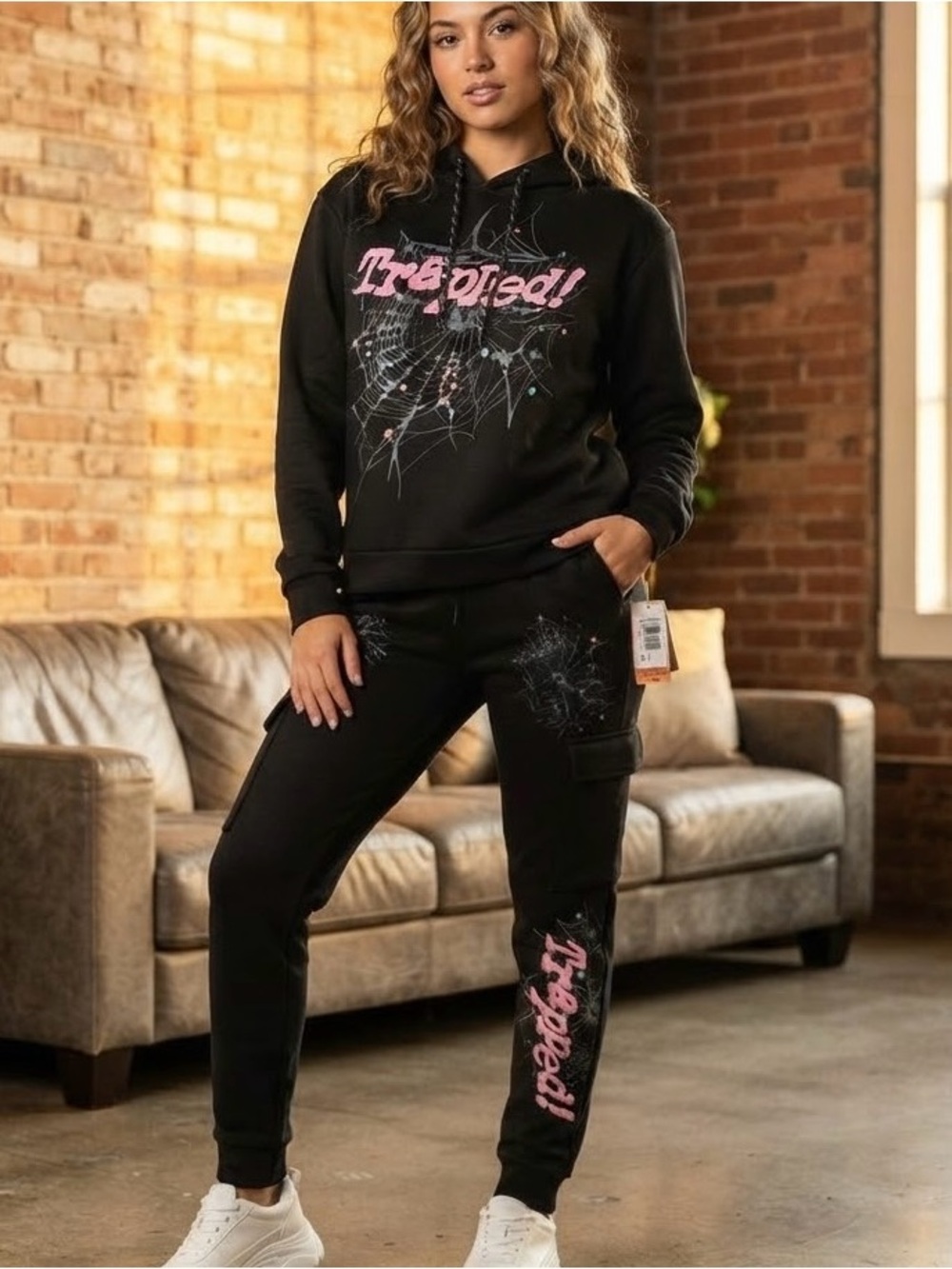 RGSTR Black/Pink Trapped Spider Web Graphic Print Hoodie and Cargo Sweatpants